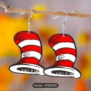 NWT Dr Seuss Red White Hat Wooden Double Sided Pendant Earrings